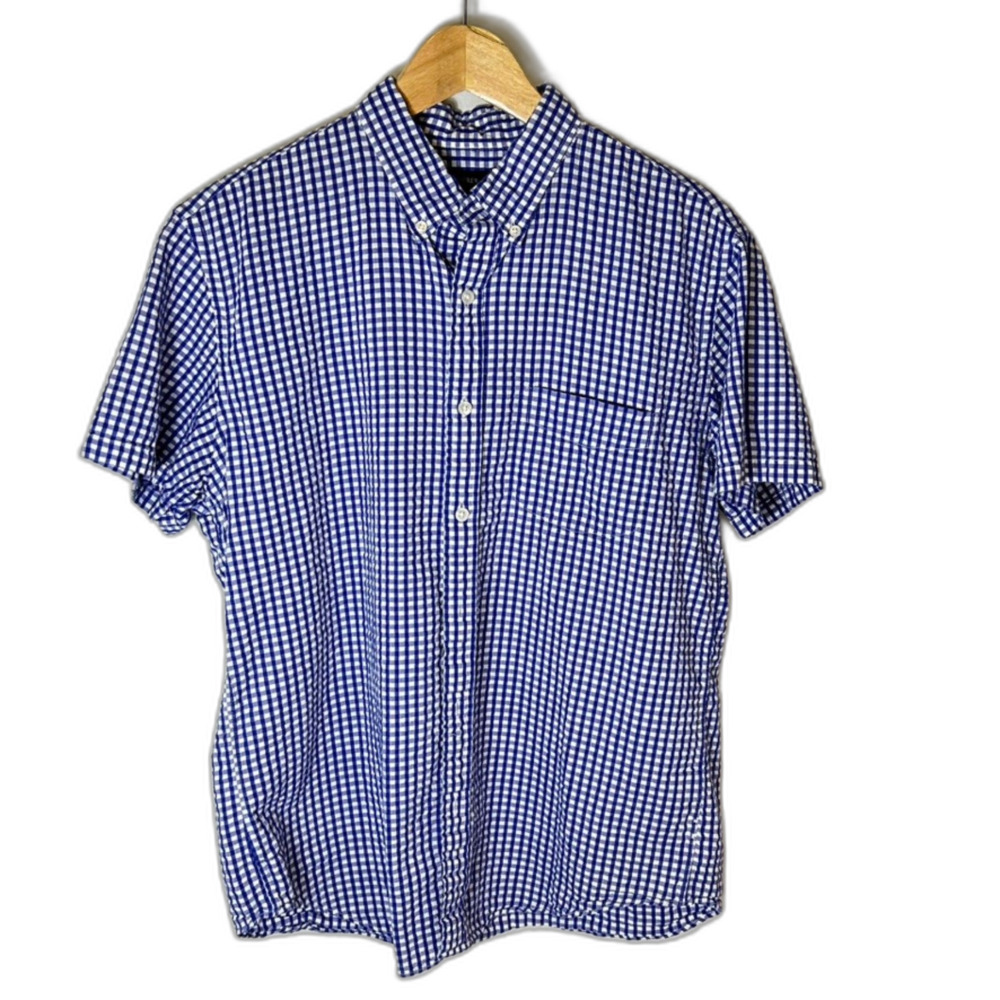 J. Crew Royal Blue White Gingham Check Seersucker SS Buttondown Shirt Sz L - Picture 4 of 16